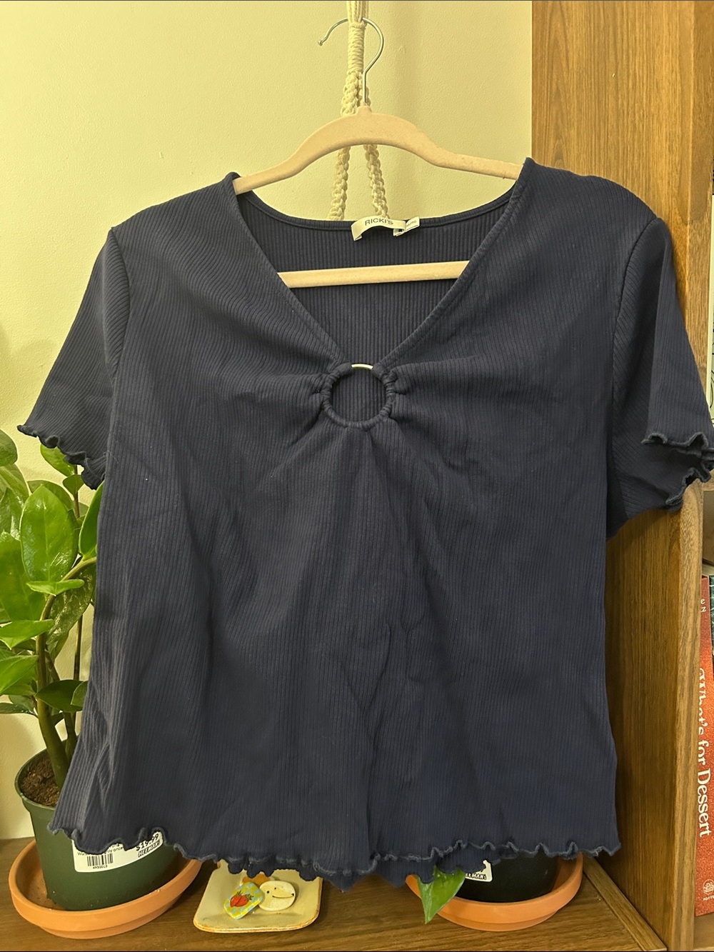 Ricki's Navy Ribbed Short Sleeve Top with Front Ring